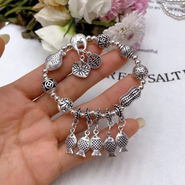 National fashion ancient silver multi-element bracelet five small fish Lotus peanut bracelet live hot sale supply gift