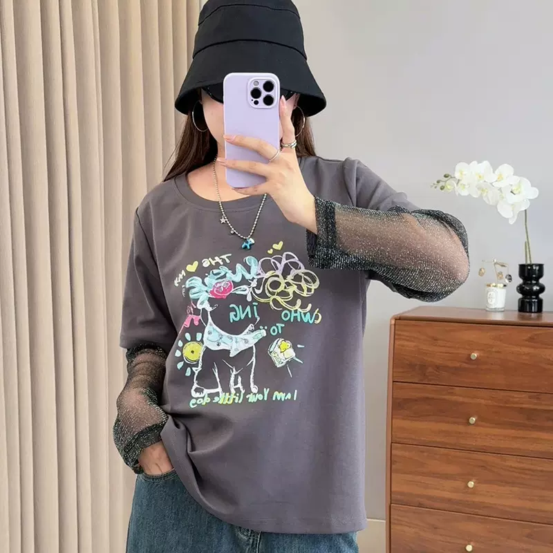 双天2025年秋季新款大码女装设计感拼接假两件印花长袖T恤9099