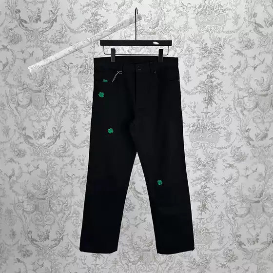In Stock DO High-Version New Green Clover Embroidery Straight-Leg Jeans Streetwear Casual Denim Pants