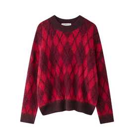 2024秋季ins女装圆领宽松针织菱形毛衣
