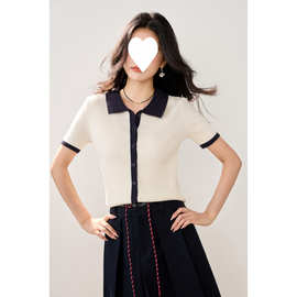 实拍新款春夏针织衫女小香风开衫短袖Polo领撞色短款小款小外套女