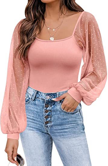 Top de Verano 2025 para Mujer, Estilo Europeo y Americano, Transparente, con Mangas Farol, Diseño de Parches, Ajustado