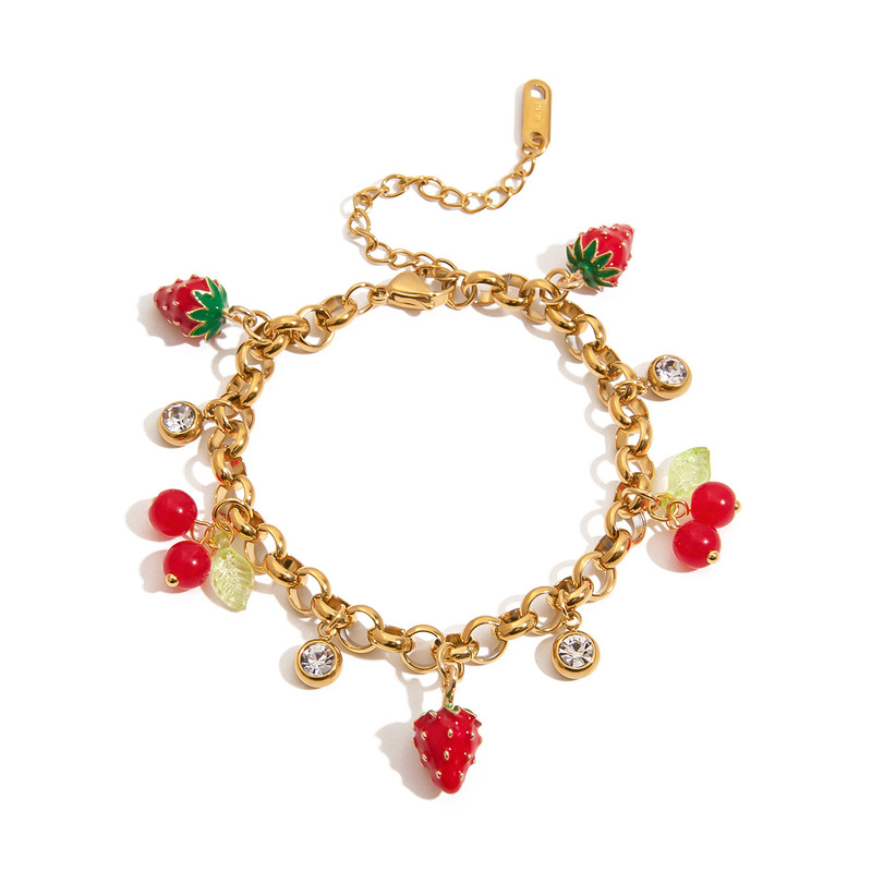 Jingqiao クロスボーダーチタン鋼ブレスレットライト高級ハイエンド 18K ゴールドステンレス鋼ストロベリーチェリージルコンペンダントブレスレット女性用|undefined
