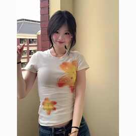 精棉美式正肩t恤女花卉印花白色修身圆领性感纯欲装辣妹上衣