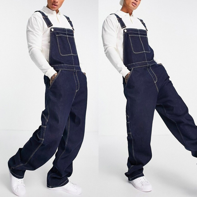 Large size European and American Denim suspender pants loose men's denim suspender jumpsuit ripped jeans popular suspender