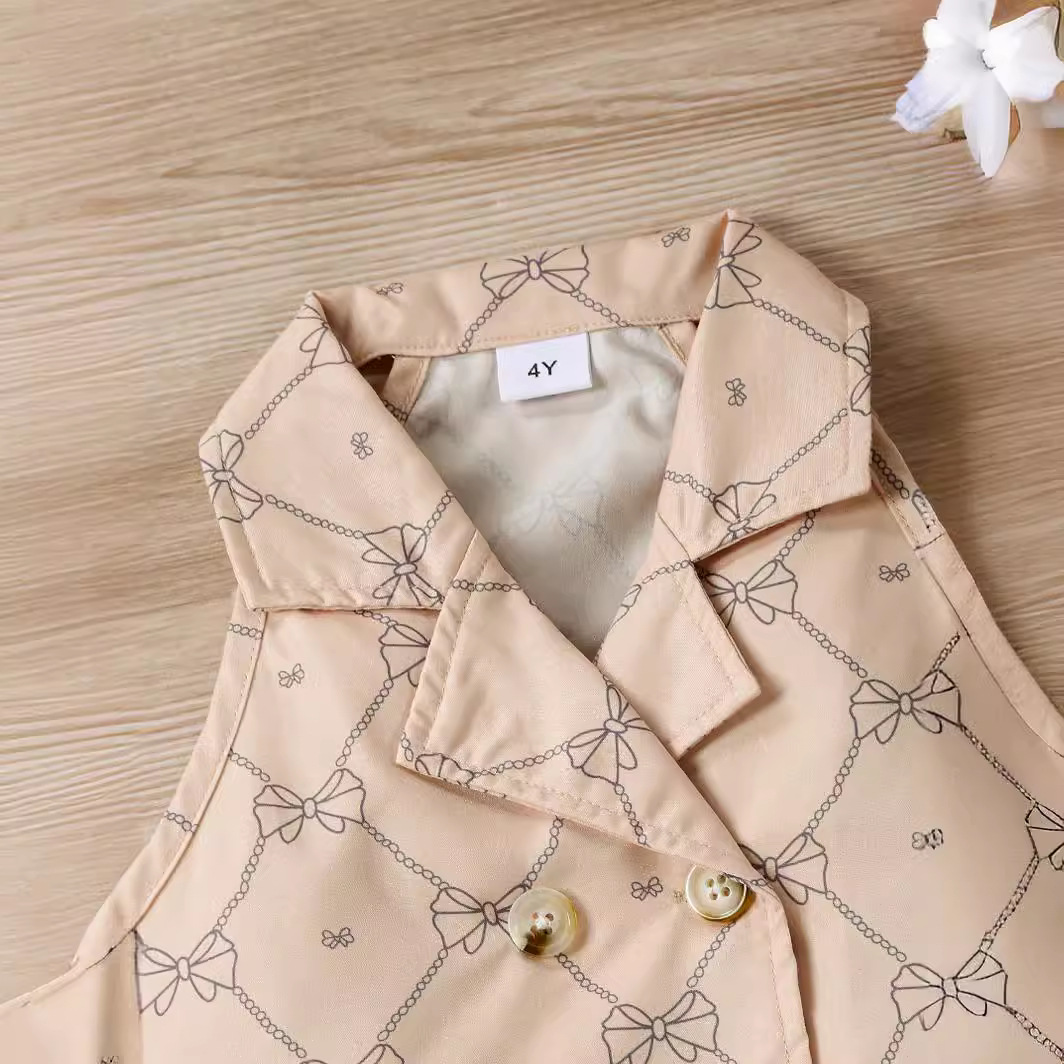 2024 nuevas niñas moda personalizada impreso traje solapa moda sin mangas chaleco Top + Falda plisada