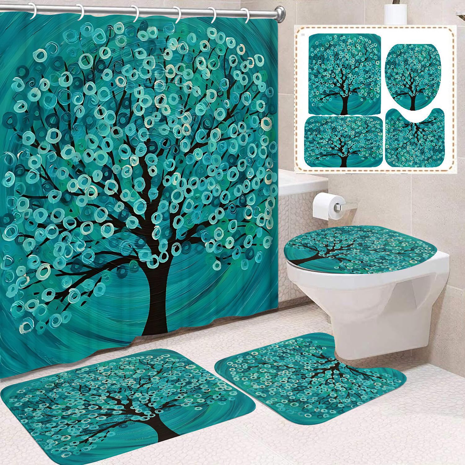 Flor blanca cortina de baño inodoro cortina de partición impermeable de baño cortina de lavado separación seca y húmeda cortina de puerta colgante sin agujeros