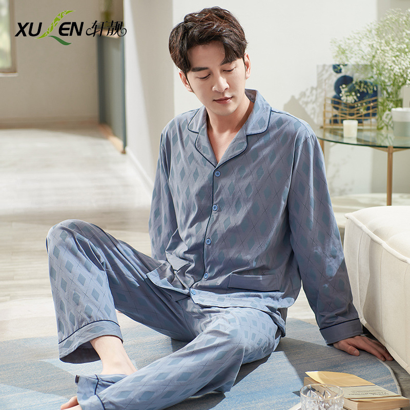 Pijamas de los hombres de primavera y otoño primavera 100% algodón de manga larga juventud otoño suelta ropa exterior homewear traje de los hombres