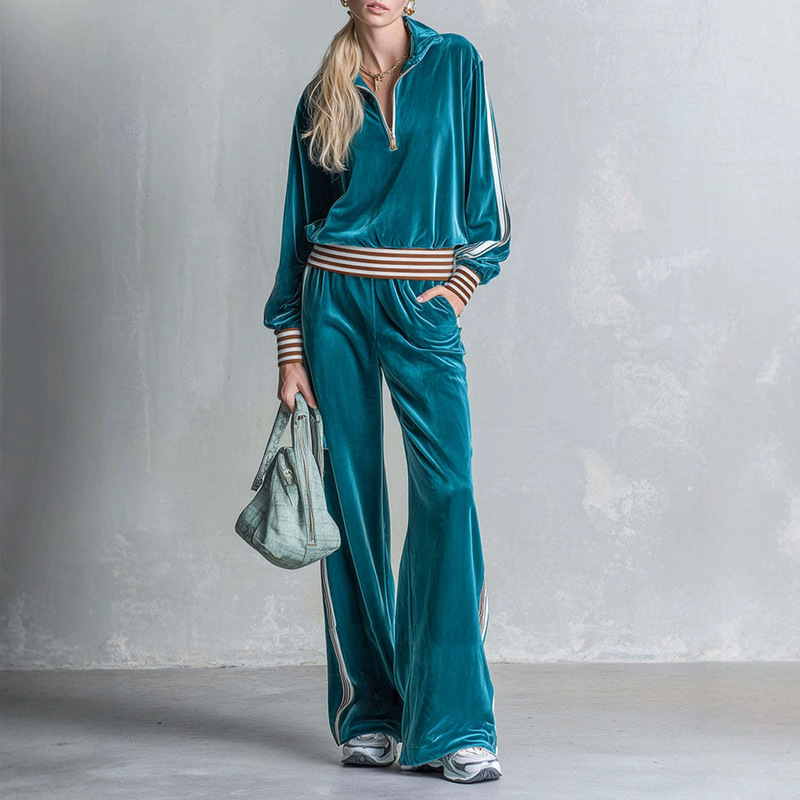 2026 New European and American Cross-Border Vintage Velvet Side-Striped Wide-Leg Pants for Women, High-Waisted Drawstring Casual Sports Sweatpants 2026 New European and American Cross-Border Vintage Velvet Side-Striped Wide-Leg Pants for Women, High-Waisted Drawstring Casual Sports Sweatpants
