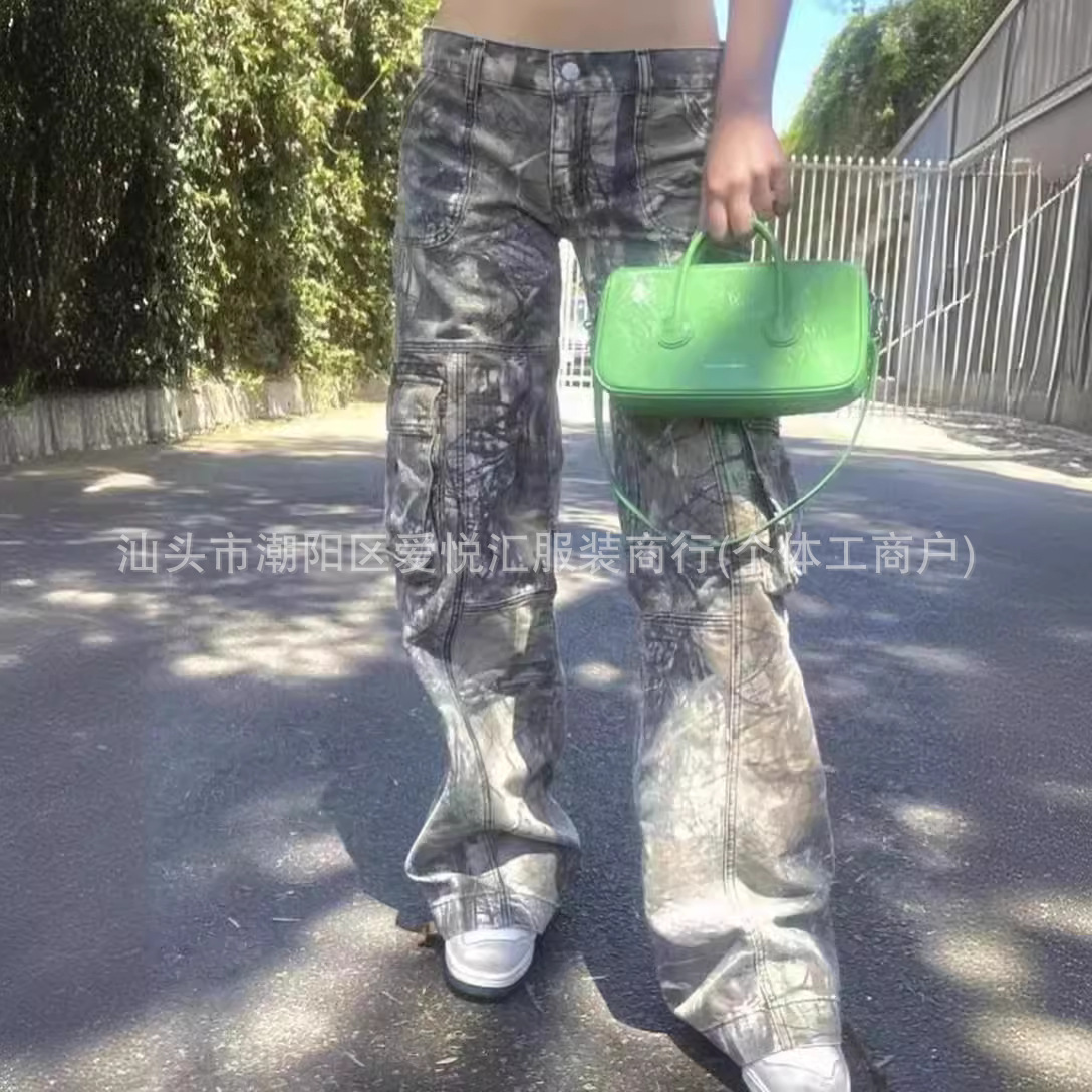 새로운 가을 바지 향신료 소녀 위장 바지 스트레이트 튜브 느슨한 낮은 허리 포켓 청바지 여성 매일 캐주얼 바지