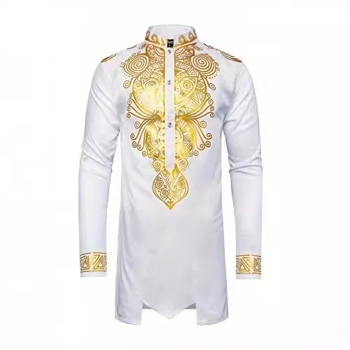 Chemise décontractée à manches longues pour homme, imprimé ethnique élégant - Coupe ajustée, style pull, ornée de motifs dorés_voghion.com