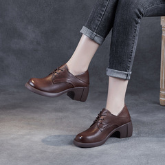 2023 Spring and Summer New Genuine Leather Thick Sole Low Top Round Head Brown Laced Ankle Boots with Height Increase Platform Shoes
