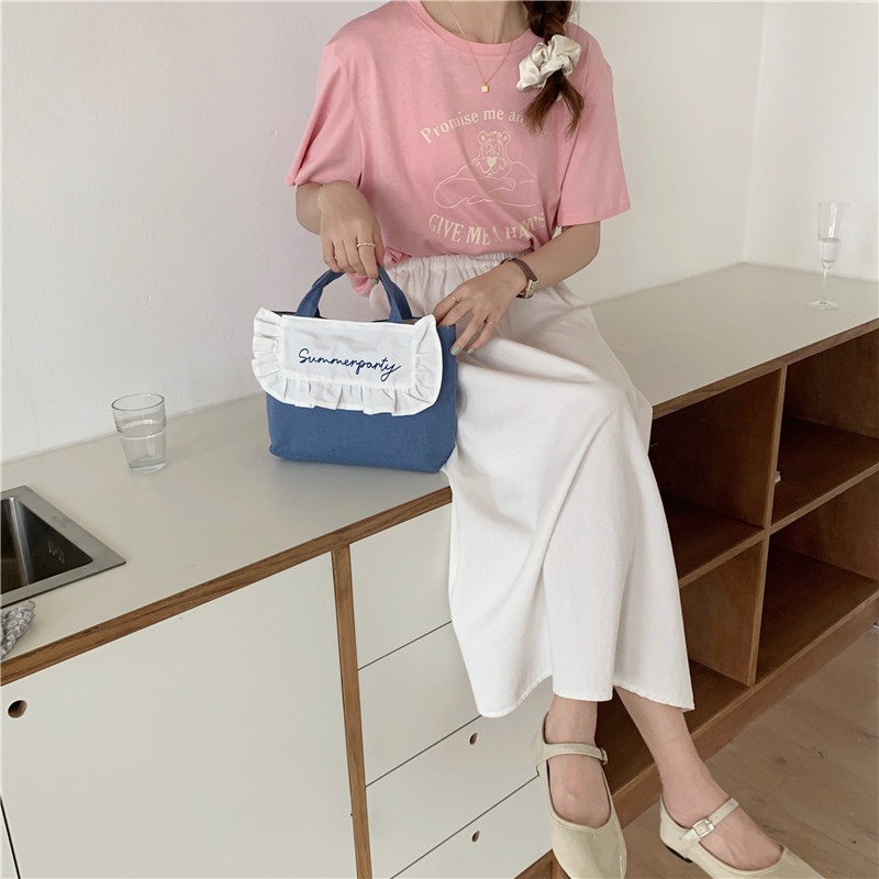 1441 Japanese and Korean chic Sweet ruffled bento Bag, Fresh embroidered hand-held small cloth bag, girl student bag wholesale undefined