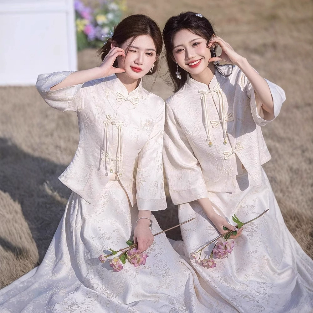 Bridesmaid dress, spring summer cheongsam, evening dress, skirt, Chinese style, champagne color