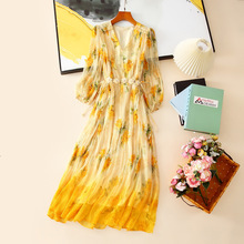 欧洲站深圳真丝碎花连衣裙女2025春夏季新款温柔风减龄桑蚕丝长裙