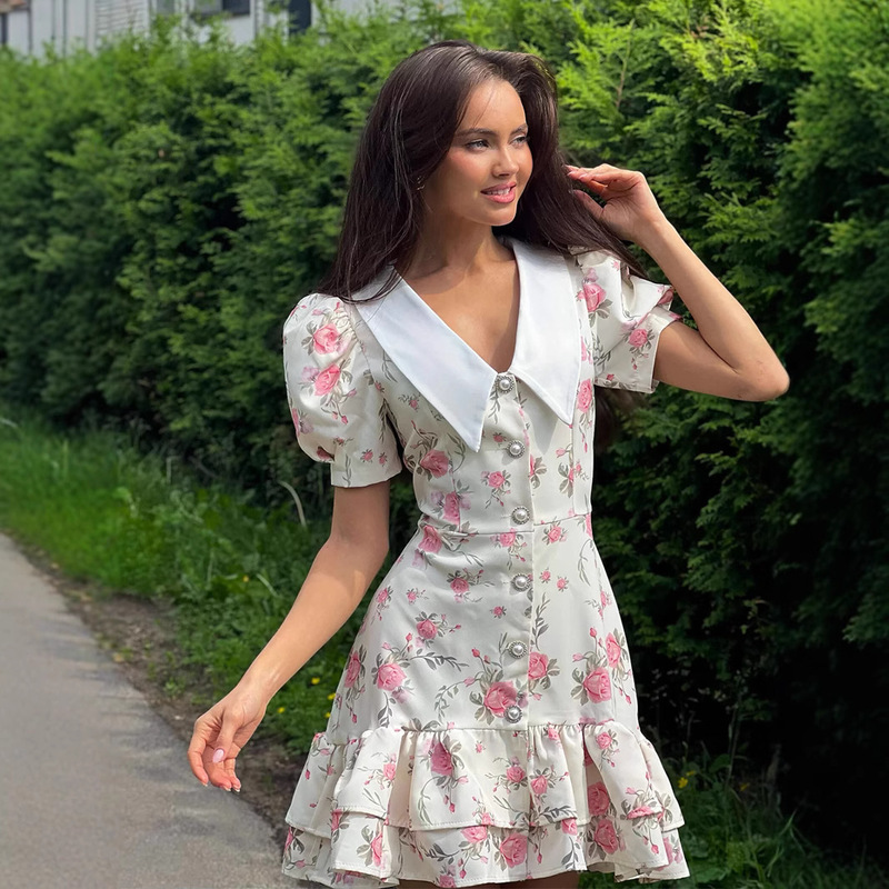 Real Shot - 2026 Cross-Border European and American Summer New Style Fresh Floral V-Neck Short Puff Sleeve Tie Mini Dress Real Shot - 2026 Cross-Border European and American Summer New Style Fresh Floral V-Neck Short Puff Sleeve Tie Mini Dress