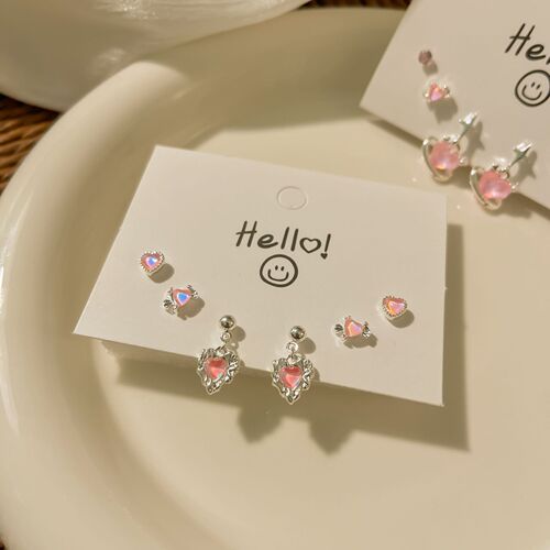 s925 silver needle pink rhinestone new earring set girl heart super flash ear bone nail student versatile earrings wholesale