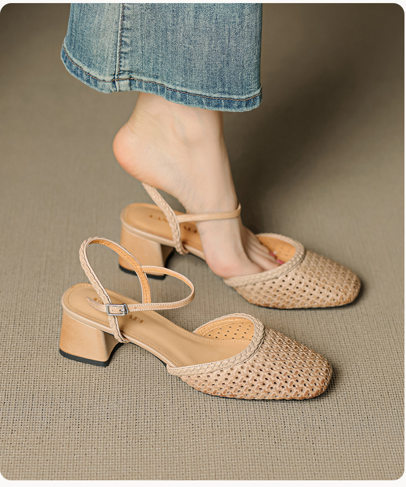 Giày sandal cao gót nữ quai ngang mũi tròn da bò, gót 5 cm — đen chi tiết 13