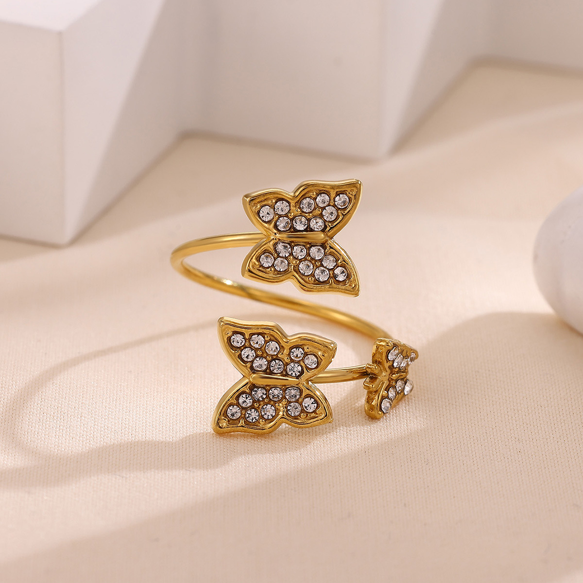 European and American New Stainless Steel Butterfly Open Ring for Women, Small, Simple and Versatile Inlaid Zircon Ring Wholesale Direct Sale
