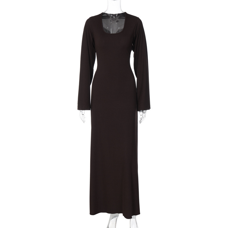 Women's Loose U Neck Long Sleeve Dress Autumn Fashion Back Strap_ecoleips.com