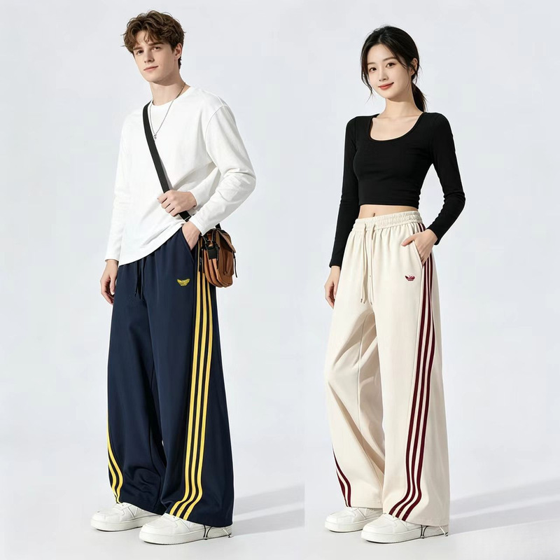 2026 American-Style Three-Stripe Wide-Leg Curved Sweatpants for Men and Women, Spring and Autumn, Loose Drawstring Elastic Casual Pants