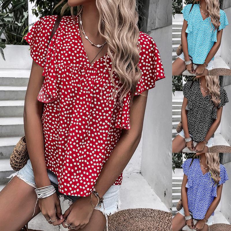 2023 European and American Amazon Summer Women's Bohemian Style Top Floral V-neck Short-sleeved Casual T-shirt Shirt Women