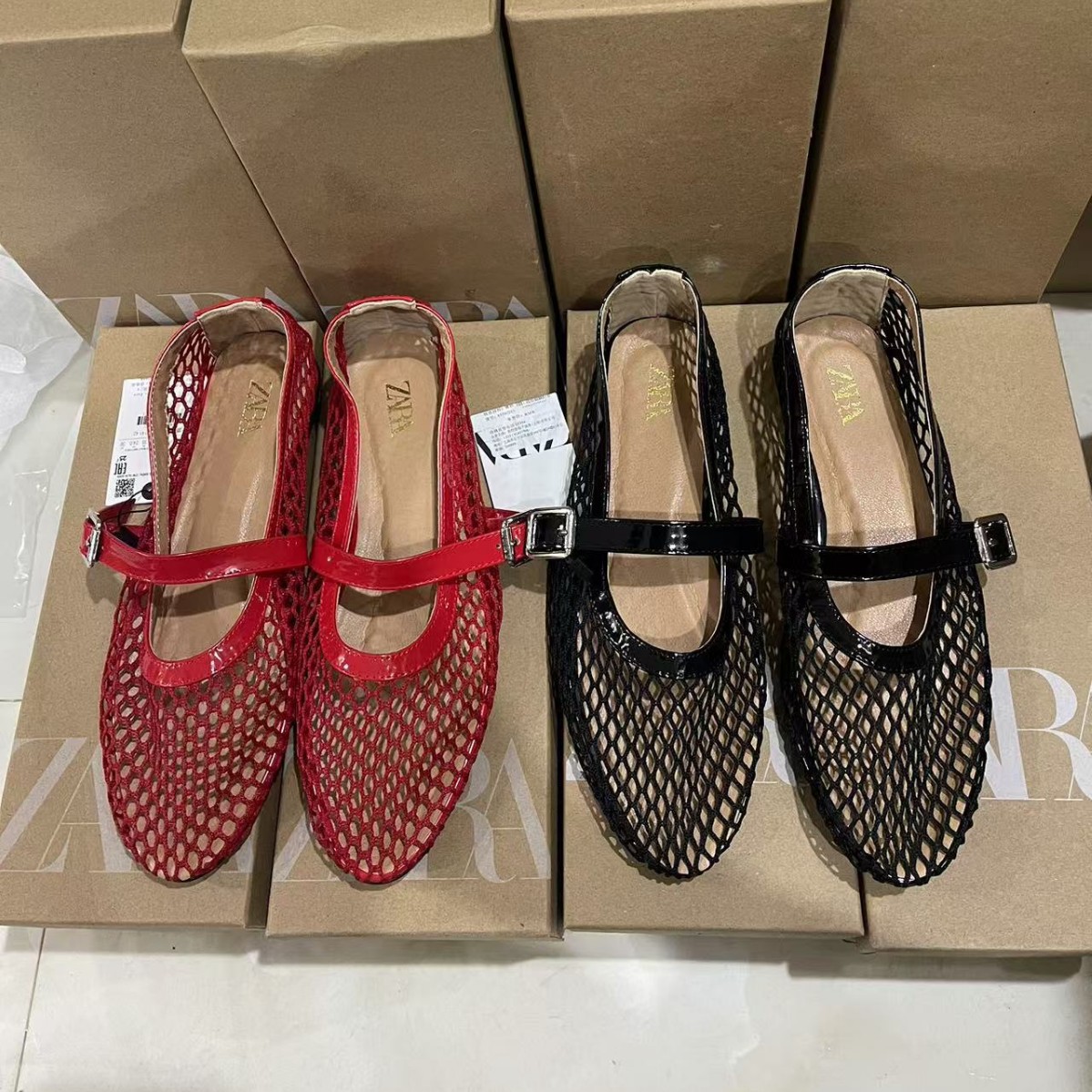 Za2025 New Spring Mesh Buckle Ballet Shoes Women's Flats Shoes Cut Out Fishnet Mary Jane Sandals