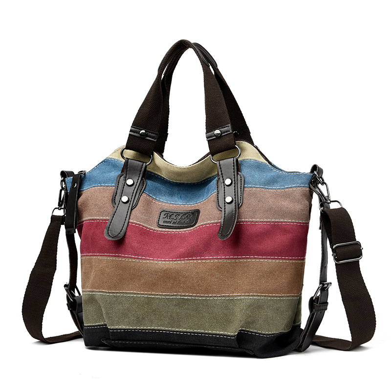 Cross-Border New Canvas Casual Retro Fashion Academic Style Large Capacity Women's Shoulder And Crossbody Contrast Patchwork Bag - Thumbnail 2