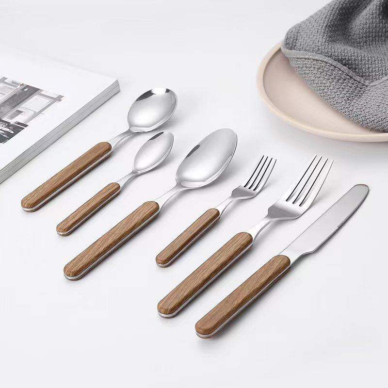 304 ステンレス鋼のナイフ、フォーク、スプーン北欧模造木製ハンドル食器レトロ日本と韓国スタイルのステーキ洋食デザートギフトセット|undefined