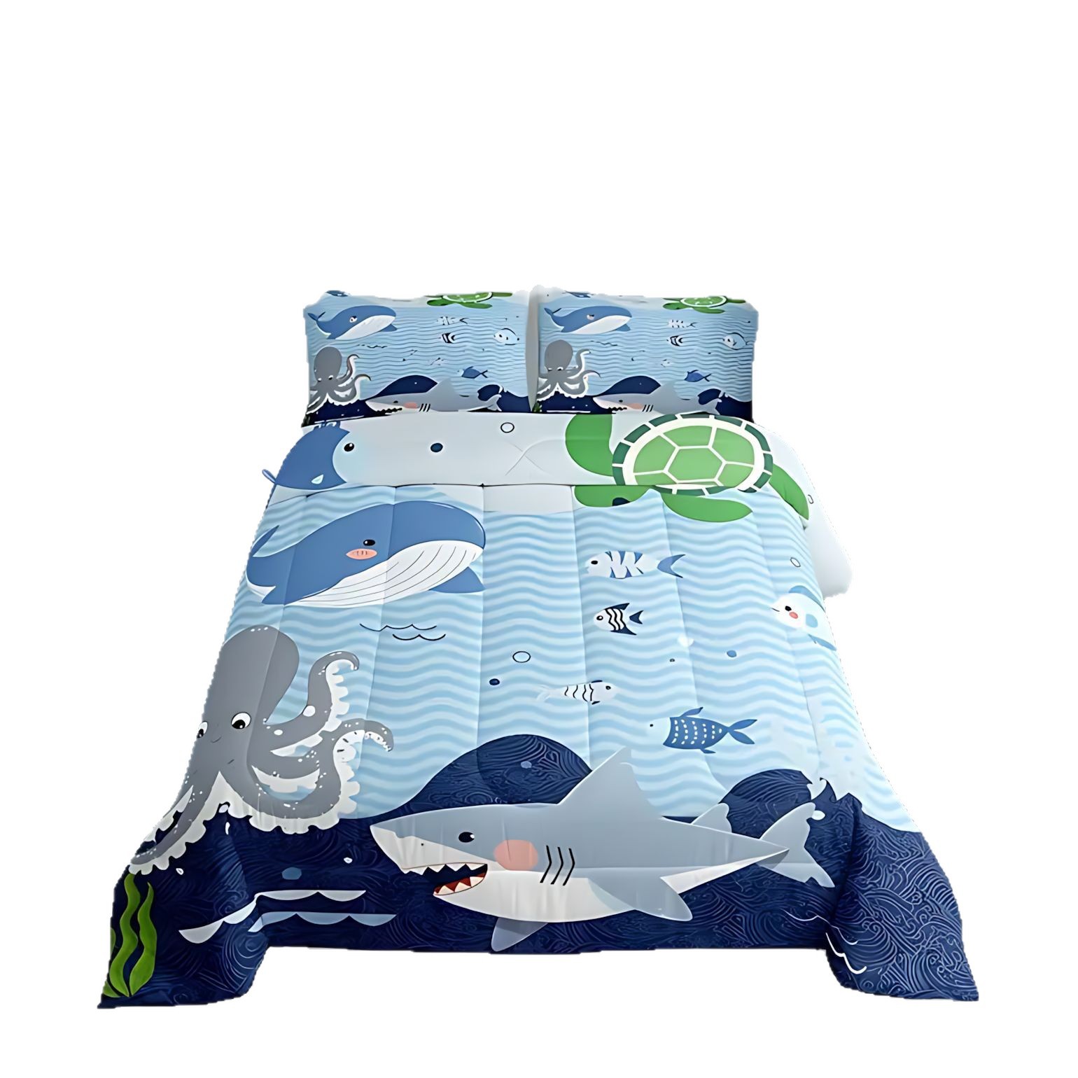 TEMU / JIT dibujos animados pequeños tiburones transfronterizos textiles de alta definición impresión digital 180gms set de edredón fábrica cabello recto