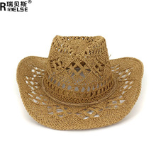 春夏季新款手工编织草帽镂空透气男女士情侣款帽子防晒西部牛仔帽