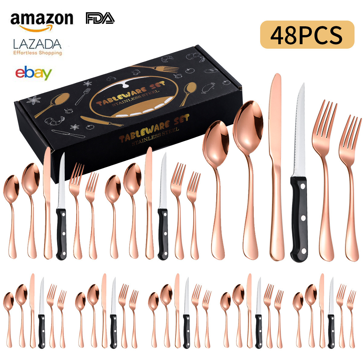 Amazon 24/48/72-piece set stainless steel cutlery knife fork spoon for family gatherings Western cuisine steak knife fork spoon