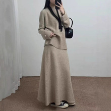 时尚休闲针织半身裙套装女秋冬新款宽松慵懒风套头圆领毛衣两件套