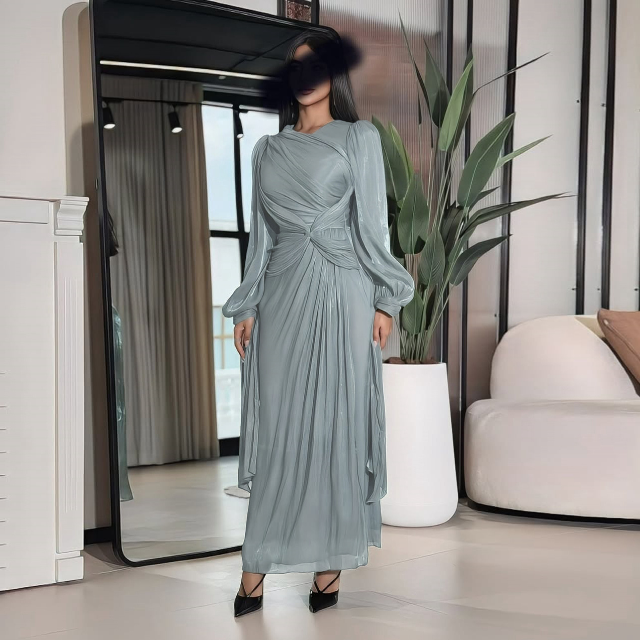 Women's Clothing Elegant Abaya Dress With Sparkle Fabric, Puff Sleeves & Waist Tie – Comfortable & Stylish Long Dress For Women (Brown/Grey, S-XXL)_voghion.com