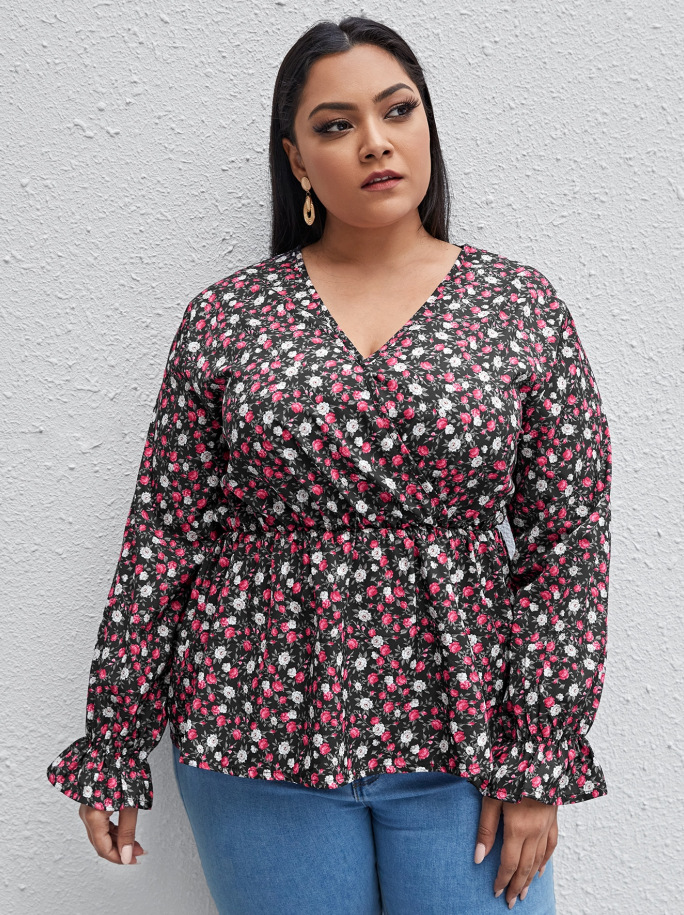 plus size V-neck printing long-sleeved shirt NSCX54314