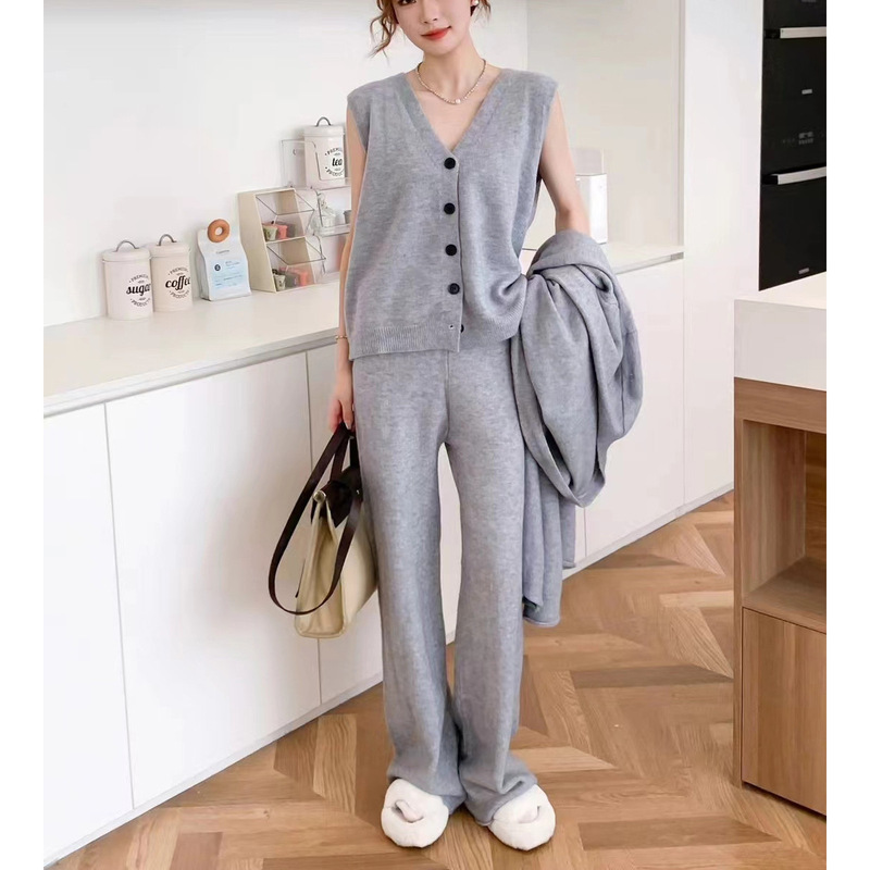 Autumn and Winter Sweater Vest Wide-leg Pants Knitted Cardigan suit Korean-style Wear Loose Casual Women's Three-piece Cross-border Suit