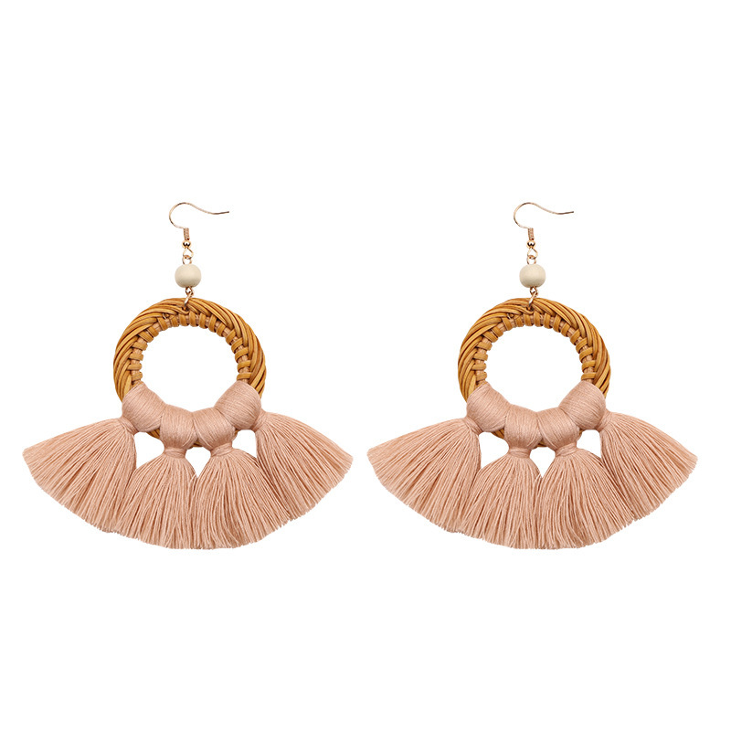 Creative Bohemian Circle Rattan Tassel Earrings DIY European and American Retro Hand-Woven Colorfulful Rice Bead Earrings