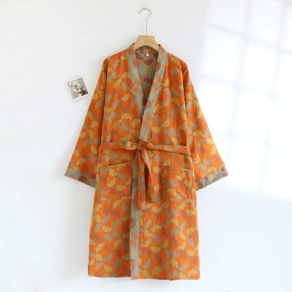 Dyed Jacquard Lace Kimono Robe Orange Ginkgo Leaf