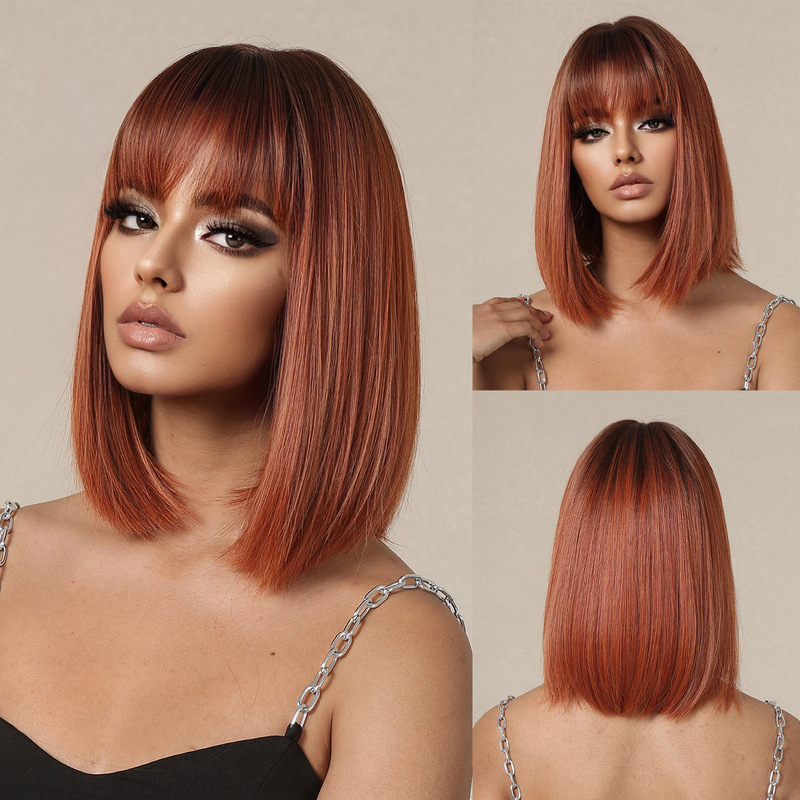 New summer cross-border in stock short straight hair gradient orange air bangs short wave head European and American wig women
