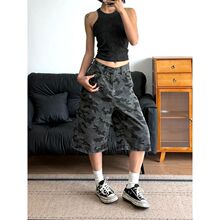 迷彩美式复古高腰牛仔裤女夏季新款小个子宽松阔腿七分裤厂家直销