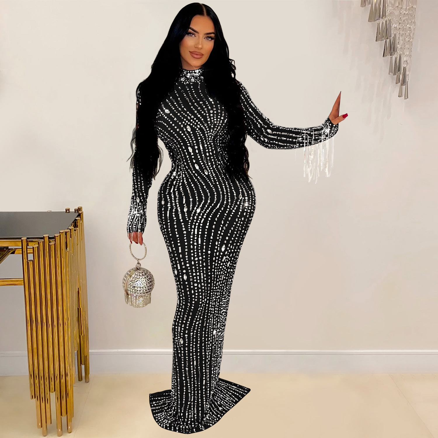 C6919 Aliexpress transfronterizo Amazon estación independiente de moda europea y americana ropa de mujer de color sólido malla de diamante vestido largo image 4