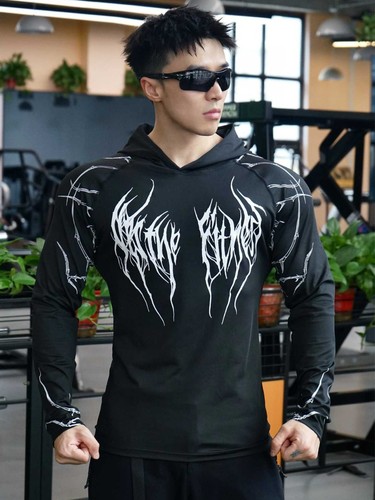 2025 Men's Sport Fitness Running Hooded Tight Fitting Gothic Pattern Print Quick Dry Long Sleeve Sweatshirt