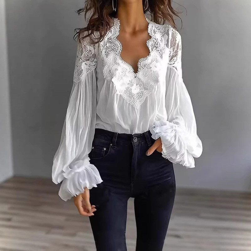 2026 European and American Independent Fashion Women's Lace Patchwork Puff Sleeve Pleated Shirt