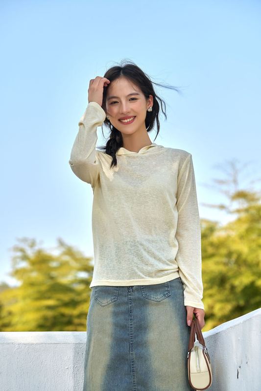 莱赛尔天丝连帽防晒罩衫慵懒风微透薄款长袖t恤女士夏季宽松上衣|undefined