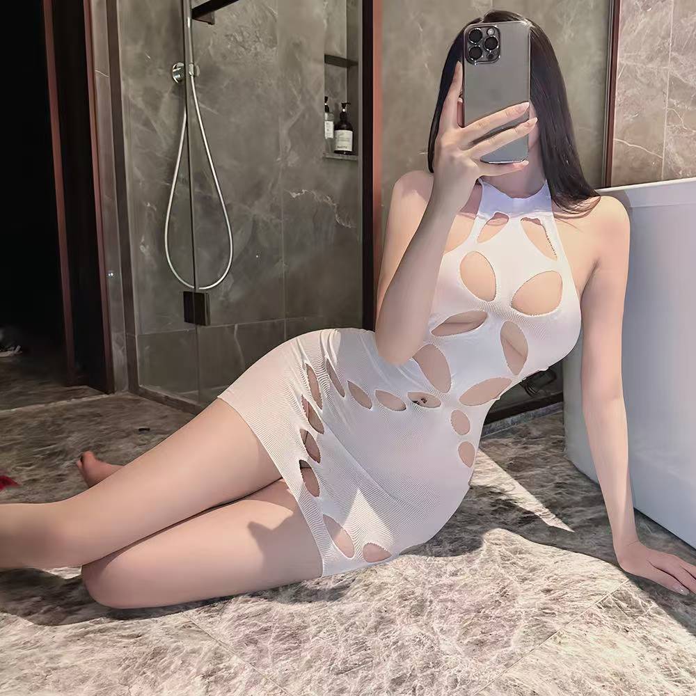 Halter Neck Mesh Bodysuit with Bodycon Skirt, Tearable Ripped Design, Plus Size White Lingerie — detail image 5