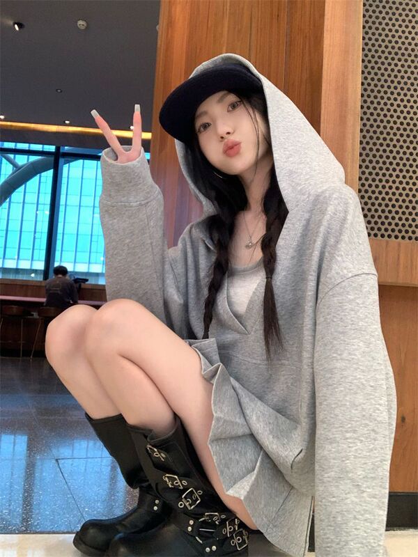 韩系慵懒松弛感v领连帽卫衣女春秋薄款宽松oversize简约长袖上衣|undefined