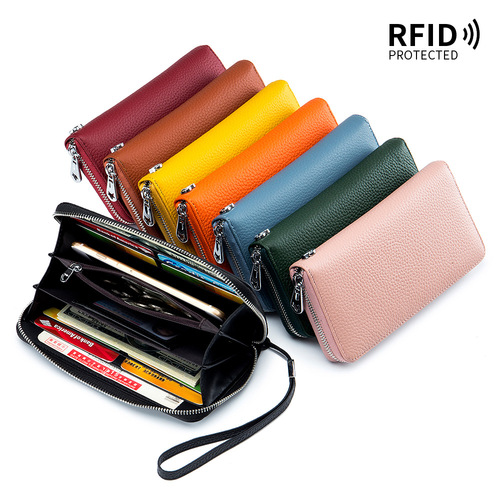 Women's wallet long genuine leather RFID first layer cowhide clutch soft leather simple wallet mobile phone bag men's cross-border