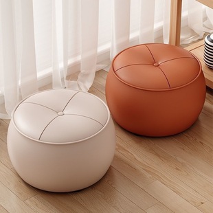 Entryway Shoe-Changing Bench, Light Luxury Solid Wood Round Stool, Leather Household Low Stool, Living Room Stool, Sofa Coffee Table, Pumpkin Stool