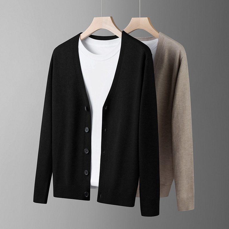 V-Neck Knitted Cardigan Sweater Men's Autum Thin Pure Color Casual Sweater Outer Wear Versatile Jacket Men's Spring and Autum Style