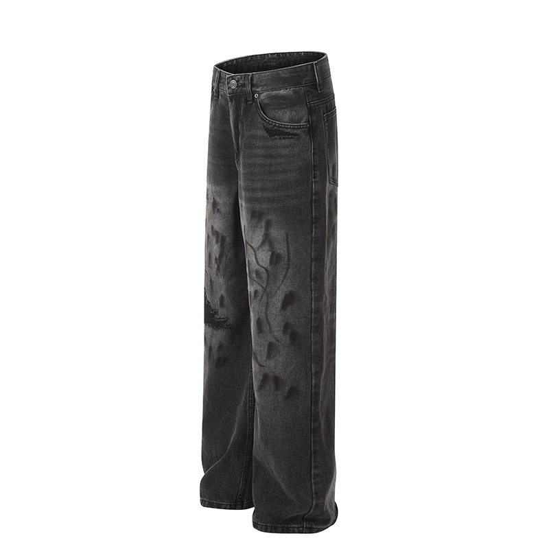 Unisex High Street Distressed Whiskered Ripped Black Jeans American Style Vibe Washed Straight Leg Slightly Flared Hip Hop Floor Length Pants_mkmklike.com